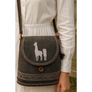Woven Boho Shoulder Crossbody Bag Llama Geo Pattern Gray Handmade Hippie Ethnic